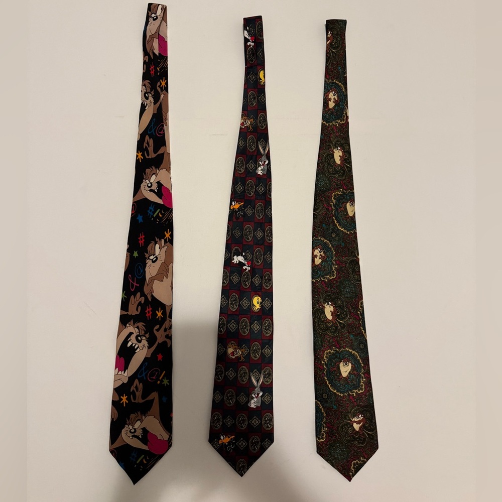 Set Of 3 Vintage 90s Looney Tunes Cartoons Ties Taz, Bugs Bunny, Daffy Duck